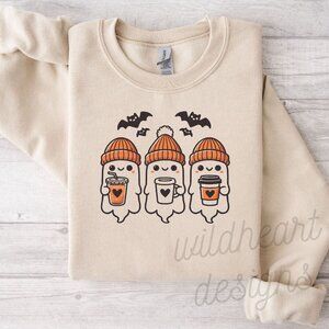Cute Ghosts With Coffee Halloween Sweatshirt, Unisex S-XL